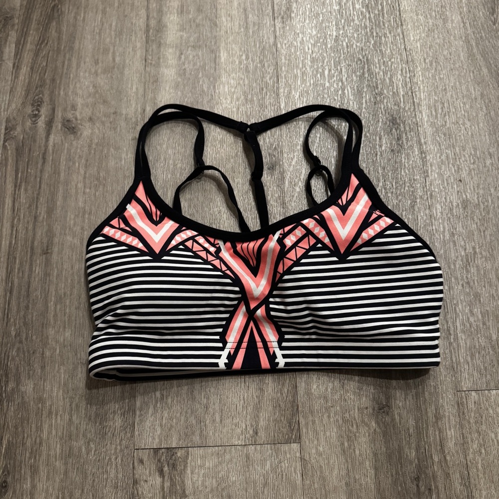 Lorna Jane Striped Black, white and Pink Sports Bra